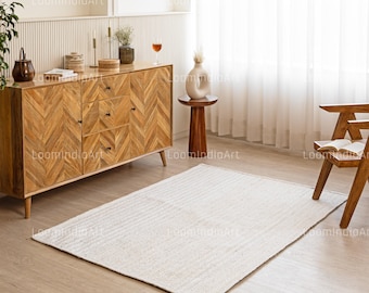 Hand Braided White Jute Rug: Boho Moroccan Area Rug