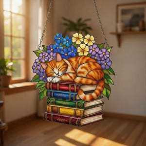 Könnte beinhalten: Hängende Glasdekoration mit einem schlafenden orangefarbenen getigerten Kätzchen auf einem Stapel bunter Bücher. Die Katze ruht friedlich inmitten blauer, gelber und violetter Blumen, aufgehängt an einer silbernen Kette. Ein charmantes Wohnaccessoire.