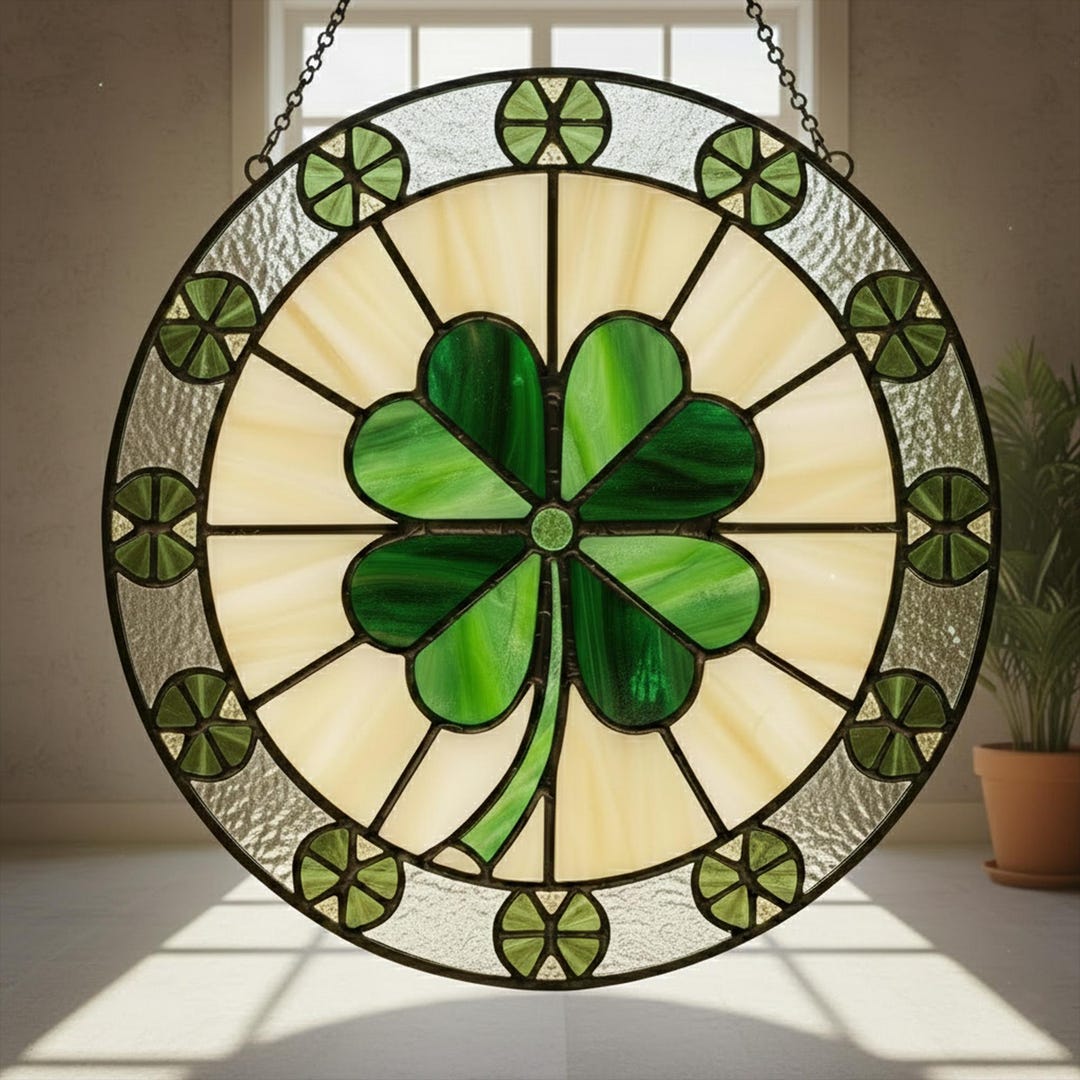 Shamrock Stained Glass Suncatcher, Four Leaf Clover Window Hanging ...