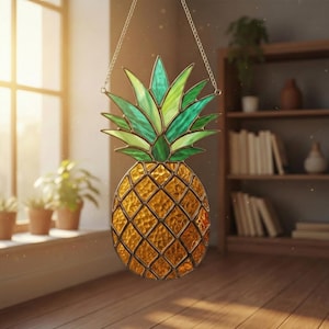Könnte beinhalten: Ein Glasfenster-Ananas-Suncatcher in Gold- und Grüntönen. Die Ananas wird von einer silbernen Kette gehalten. Der Körper der Ananas ist goldgelb, die Blätter sind grün. Der Suncatcher hängt vor einem Fenster.