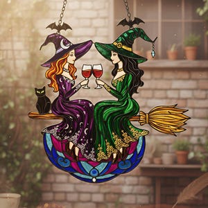 Könnte beinhalten: Buntglasfenster mit zwei Hexen, die mit Weingläsern anstoßen. Sie tragen lila und grüne Kleider und Hüte und reiten auf einem Besen. Eine schwarze Katze sitzt auf dem Besen. Das Fensterbild wird von Ketten mit fledermausförmigen Akzenten gehalten.