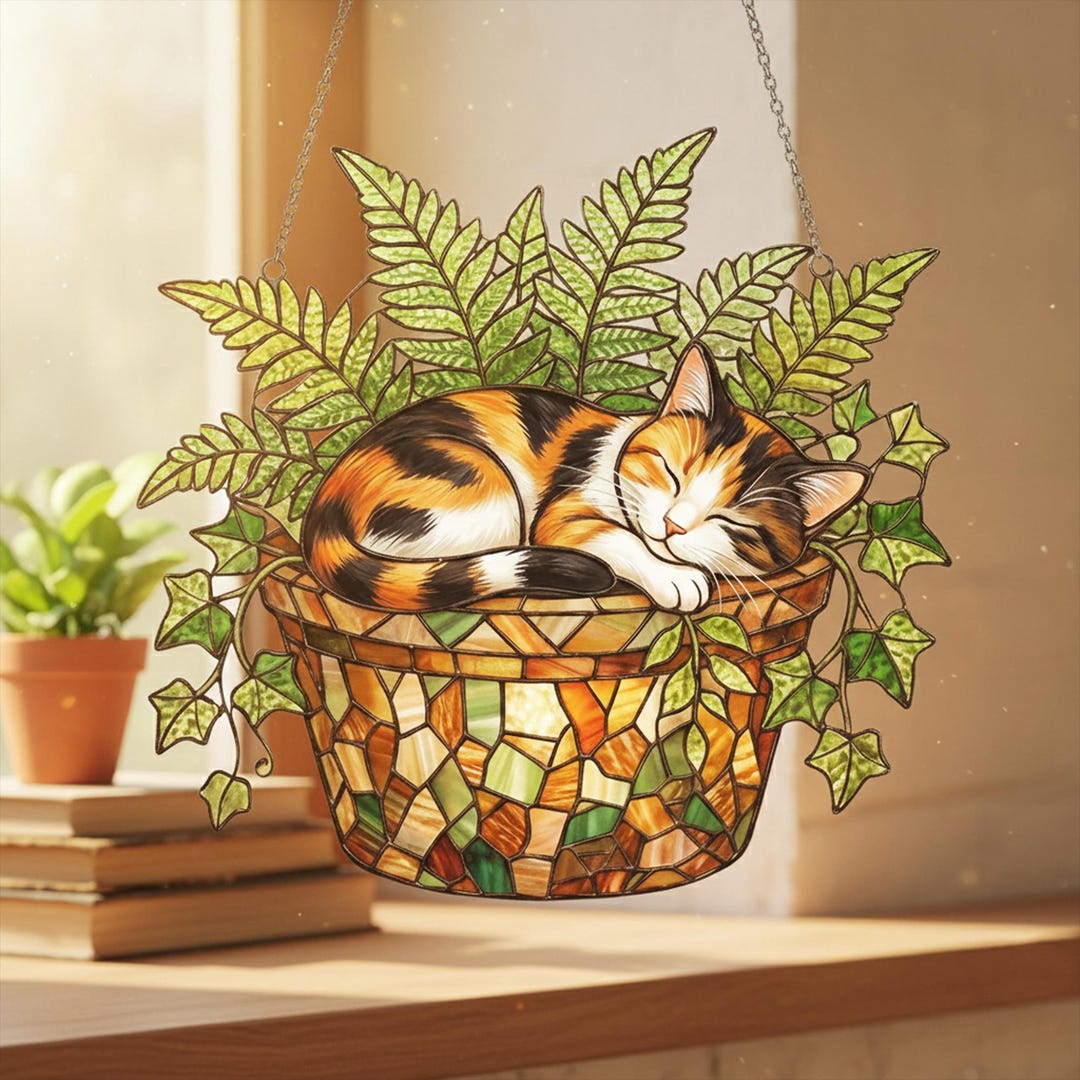 Sleeping Calico Cat Acrylic Suncatcher, Stained Glass Style Plant ...
