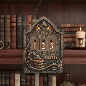 Könnte beinhalten: Dekoratives Holzschild mit Drachendesign und dem Text "BOOKS READ THIS YEAR" und "VERONICA'S LIBRARY". Das Schild hat eine Kette zum Aufhängen und verfügt über einen Zähler, der die Zahl 123 anzeigt. Das Schild befindet sich vor Bücherregalen.