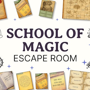 Pode incluir: Uma vista aérea de um jogo de Escape Room da Escola de Magia. A imagem apresenta vários elementos do jogo, incluindo cartas, um mapa e um baú do tesouro. O título "SCHOOL OF MAGIC ESCAPE ROOM" é exibido em destaque.