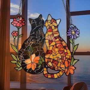 Cat Couple Suncatcher, Stained Glass Cat Window Hanging, Mosaic Cat Decor, Floral Cat Ornament, Gift for Cat Lovers, Window Art for Home