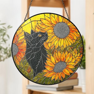 Black Cat Sunflower Suncatcher, Stained Glass Cat Window Hanging, Floral Witchy Decor, Cat Lover Gift, Fall Gothic Window Art