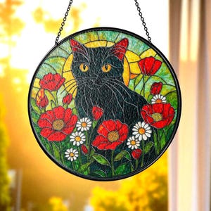 Black Cat Stained Glass Suncatcher, Floral Cat Window Hanging, Gothic Cat Decor, Cat Lover Gift, Poppy Sun Catcher, Black Cat Ornament