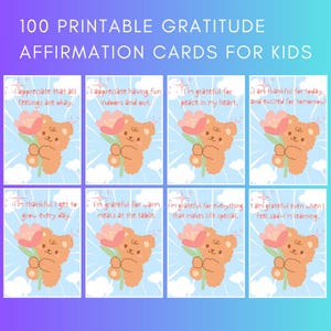 100 printable Kids Gratitude Positive Affirmation cards, positive quote flash, self esteem, confidence, therapy office decor, self love