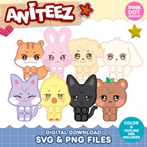 Ateez Aniteez Kpop Sitting SVG PNG Vector Cut Files for Cricut and Silhouette Atiny Decal Sticker Characters Gift Craft Digital