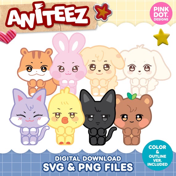 Ateez Aniteez 座っているKpop SVG PNGファイルAtinyクリップアート