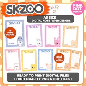 Puede incluir: Una colección de diseños de papel de notas digitales tamaño A5 con el logotipo "SKZOO" y varios personajes de animales de dibujos animados. Los diseños incluyen versiones con y sin líneas, listos para imprimir como archivos PNG y PDF de alta calidad.