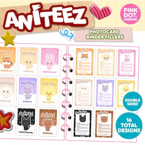 Könnte beinhalten: Ein Fotokarten-Ordner-Füllerset mit dem Text "ANITEEZ" und niedlichen Tierillustrationen. Das Set enthält 16 doppelseitige Designs mit verschiedenen Tierfiguren in einem Ordner. Das Design beinhaltet ein rosa Herz und einen gelben Stern.