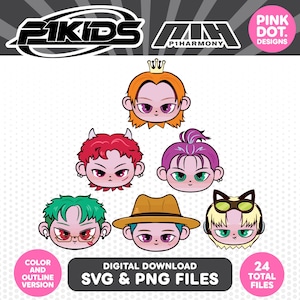 以下が含まれることがあります： さまざまな髪型とアクセサリーを持つ漫画のキャラクターの頭部のデジタルダウンロード。画像には「P1KIDS」と「P1HARMONY」のロゴと「SVG＆PNG FILES」が含まれています。画像には「COLOR AND OUTLINE VERSION」と「24 TOTAL FILES」のテキストも含まれています。