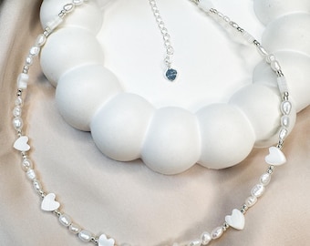 Dainty Choker Necklace, White Pearl Necklace, Mother of Pearl Beads, Wedding Jewelry, Valentines Gift for Her