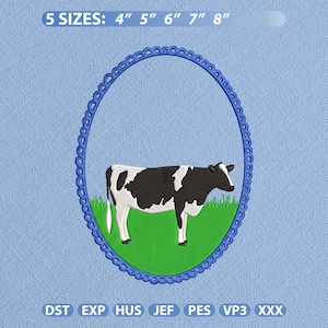 Motif de broderie ovale avec cadre vache, monogramme festonné d'animaux de ferme (fichier de broderie machine)