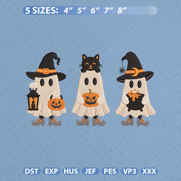 Halloween spook heks pompoen borduurpatroon, griezelig seizoen zwarte kat herfst machineborduurbestand