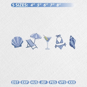 May include: Blue beach-themed embroidery designs including a seashell, beach chair with umbrella, martini, bikini, and conch shell. Text at the top reads "5 SIZES: 4" 5" 6" 7" 8"."