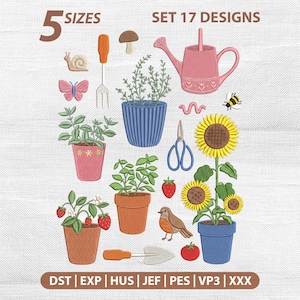 Paquete de diseños de bordado de mini iconos de jardín, conjunto de 17 pequeños elementos de jardinería para máquina de bordar.