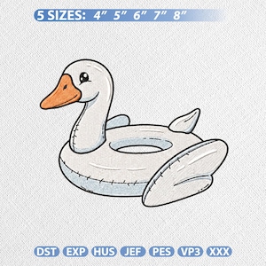 Può includere: Galleggiante gonfiabile a forma di oca bianca e azzurra con becco arancione. Il galleggiante ha le ali e un centro circolare. Il testo in alto recita "5 MISURE: 10,16cm 12,7cm 15,24cm 17,78cm 20,32cm".