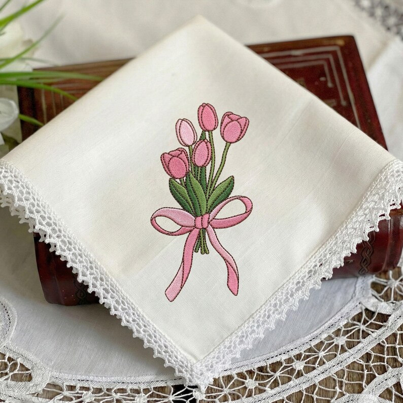 Tulip Flowers With Bow Embroidery Design, Pink Ribbon Tulip Bouquet ...