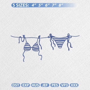 May include: Blue and white striped bikini embroidery design. The design includes a bikini top and bottom hanging on a clothesline. The text at the top says "5 SIZES: 4" 5" 6" 7" 8" ".