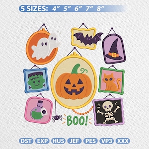 Halloween Gallery Embroidery, Spooky Season Framed Icons Ghost Bat Witch Hat Machine Embroidery File