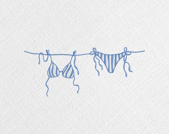 Striped Swimsuit Embroidery Design, Bikini on Clothesline Machine Embroidery File, Summer Vibes Beach Vacation
