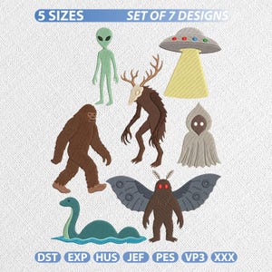 Könnte beinhalten: Ein Set aus 7 Maschinenstickmustern mit einem grünen Alien, einem braunen Bigfoot, einer braunen Kreatur mit Hirschkopf, einem grauen UFO mit gelbem Strahl, einer beigen Kapuzenfigur, einem grauen mottenartigen Wesen mit roten Augen und einer grünen Seeschlange.