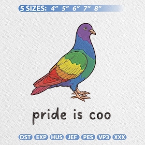 Può includere: Design ricamato di un piccione con piume arcobaleno e la scritta "pride is coo". Disponibile in 5 misure: 10 cm, 13 cm, 15 cm, 18 cm e 20 cm.