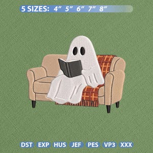 May include: An embroidery design featuring a white ghost sitting on a tan sofa, reading a black book. The sofa has a brown plaid throw blanket draped over it. Text at the top indicates 5 sizes: 4 inches, 5 inches, 6 inches, 7 inches, and 8 inches.