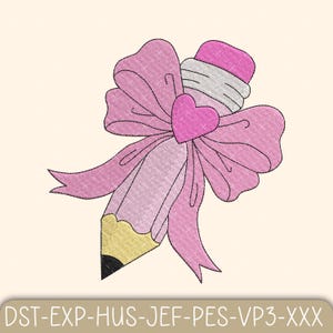 Pencil Bow Embroidery Design, Back to School Machine Embroidery Design, Coquette Bow Pencil Embroidery File, School Teacher Embroidery Files