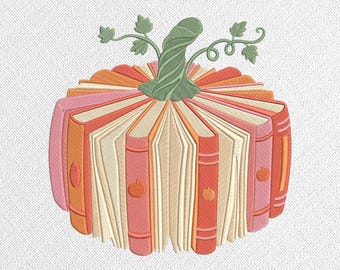 May include: An embroidery design of a pumpkin formed by arranged books in shades of pink, orange, and cream, topped with a green stem and vines. Text at the top reads 5 SIZES: 4" 5" 6" 7" 8" and at the bottom lists file formats DST, EXP, HUS, JEF, PES, VP3, XXX.