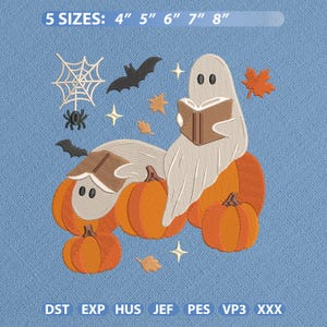 Motif de broderie « Fantômes lisant sur des citrouilles », fichier de broderie pour Halloween sur le thème de la lecture et de l'épouvante, téléchargement instantané