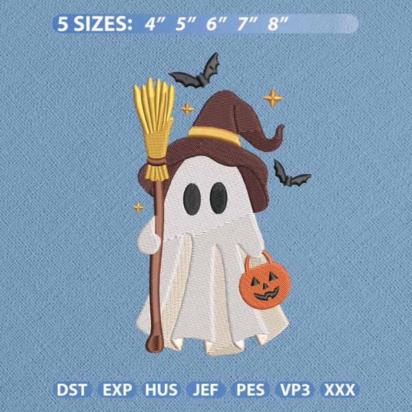 Borduurpatroon van een heksenhoed met spookmotief, Halloween-pompoen met 'trick or treat'-thema, direct te downloaden.