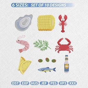 Broderidesignpaket med skaldjur, set 10, maskinbroderifil för kustsommarhummer, kräftor och krabba
