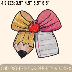 Teacher Coquette Bow Embroidery Design, Pencil Bow Embroidery File, Coquette Teacher Design, School Embroidery Design, Back to School Design