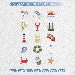 Puede incluir: Una colección de 15 diseños con temática de verano, que incluyen una sombrilla, una tumbona, peces, limones, una langosta, un bolso de mano, un faro, un traje de baño, tomates, una concha, un salvavidas, un ancla, un cangrejo, una flor y una estrella de mar. El texto dice "6 SIZES: SET OF 15 DESIGNS".