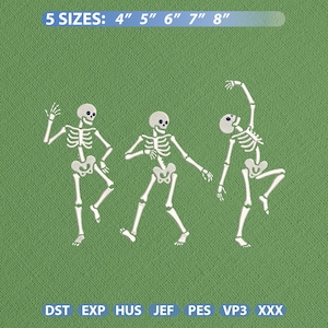 Puede incluir: Un diseño de bordado que presenta tres esqueletos blancos en varias poses de baile sobre un fondo verde. El texto en la parte superior dice 5 SIZES: 4" 5" 6" 7" 8" y el texto inferior enumera los formatos de archivo: DST EXP HUS JEF PES VP3 XXX.