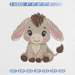 May include: An embroidered design of a cute donkey in shades of gray, brown, and pink. The donkey is sitting with large eyes and a smiling face. Text at the top reads "5 SIZES: 4" 5" 6" 7" 8". Below are embroidery file formats.