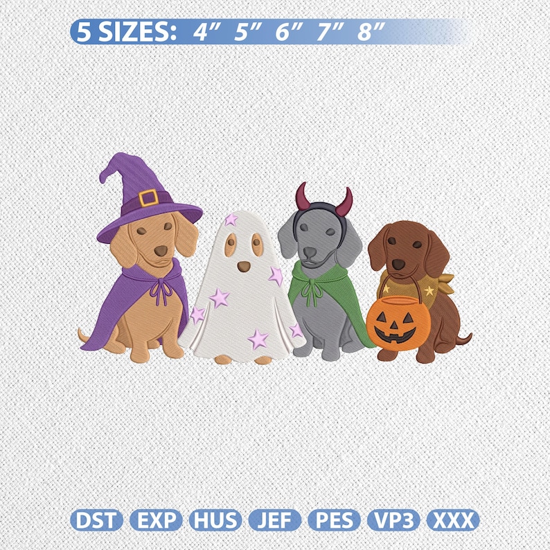 Puede incluir: Un dise&ntilde;o de bordado con cuatro perros salchicha en disfraces de Halloween: uno con sombrero de bruja y capa morada, uno de fantasma con estrellas rosas, uno con cuernos de diablo rojos y capa verde, y uno con un cubo de calabaza. Texto: 5 SIZES: 4" 5" 6" 7" 8".