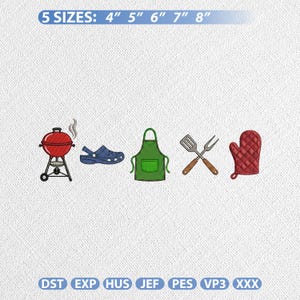 Diseño de mini bordado de iconos de barbacoa, juego de herramientas para asar a la parrilla para fiestas de barbacoa de verano, archivo de bordado a máquina