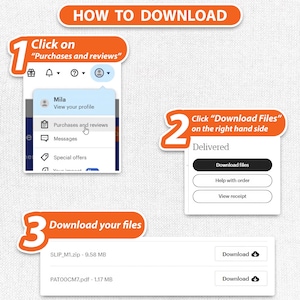 May include: A step-by-step guide with orange accents on a white background, showing how to download files. The guide includes screenshots with instructions to click on "Purchases and reviews" and "Download Files". The final step shows the files ready for download.