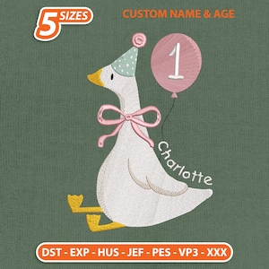 May include: An embroidered design featuring a white goose wearing a party hat and a pink bow. A pink balloon with the number 1 floats nearby. The name "Charlotte" is written in script. The text "5 Sizes" and "Custom Name & Age" are also present.
