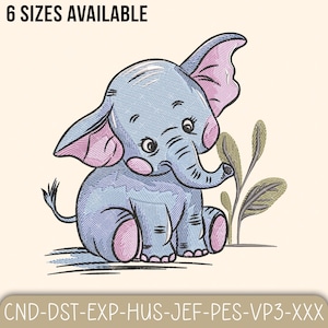 Elephant Embroidery Design, Cute Baby Elephant Machine Embroidery Design, Animal Applique Embroidery Pattern, 6 Sizes, Instant Download