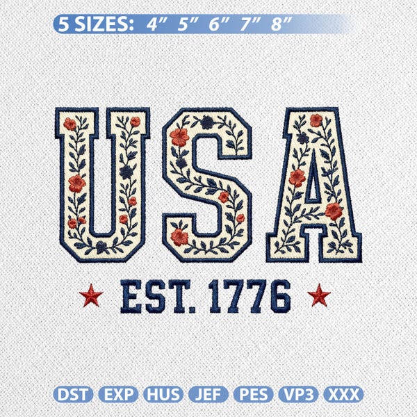 Vintage bloemen VS-borduurontwerp, Amerika 1776-2026 machineborduurbestand, steekpatroon 250 jubileum