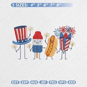 Könnte beinhalten: Gesticktes Design mit patriotischen Figuren: ein Uncle Sam Hut, ein Eis am Stiel, ein Hotdog und Feuerwerk. Der Text oben lautet "5 GRÖSSEN: 4" 5" 6" 7" 8"." Das Design ist in fünf Größen erhältlich.