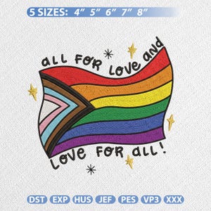 Op de afbeelding: Geborduurd Pride-vlagontwerp met de tekst "All for Love and Love for All!" in zwart. De vlag heeft een regenboogontwerp met een progressief pride-vlagelement. Inclusief maten van 10 cm tot 20 cm.