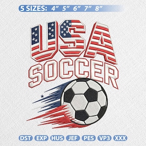 May include: Embroidered design featuring "USA SOCCER" in red, white, and blue, with a soccer ball and speed lines. The design is available in 5 sizes: 4", 5", 6", 7", and 8" for various projects.