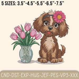 Dog Embroidery Design, Cute Dog with Flower Machine Embroidery Design, Little Puppy Doggy Design, Pet Embroidery, Dog Lover Instant Download