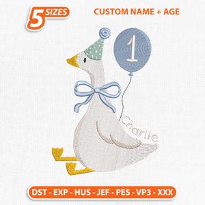 May include: An embroidered design of a goose wearing a party hat and bow tie, holding a balloon with the number 1. The text "Charlie" is below the goose, with "CUSTOM NAME + AGE" above. The design is for 5 sizes.